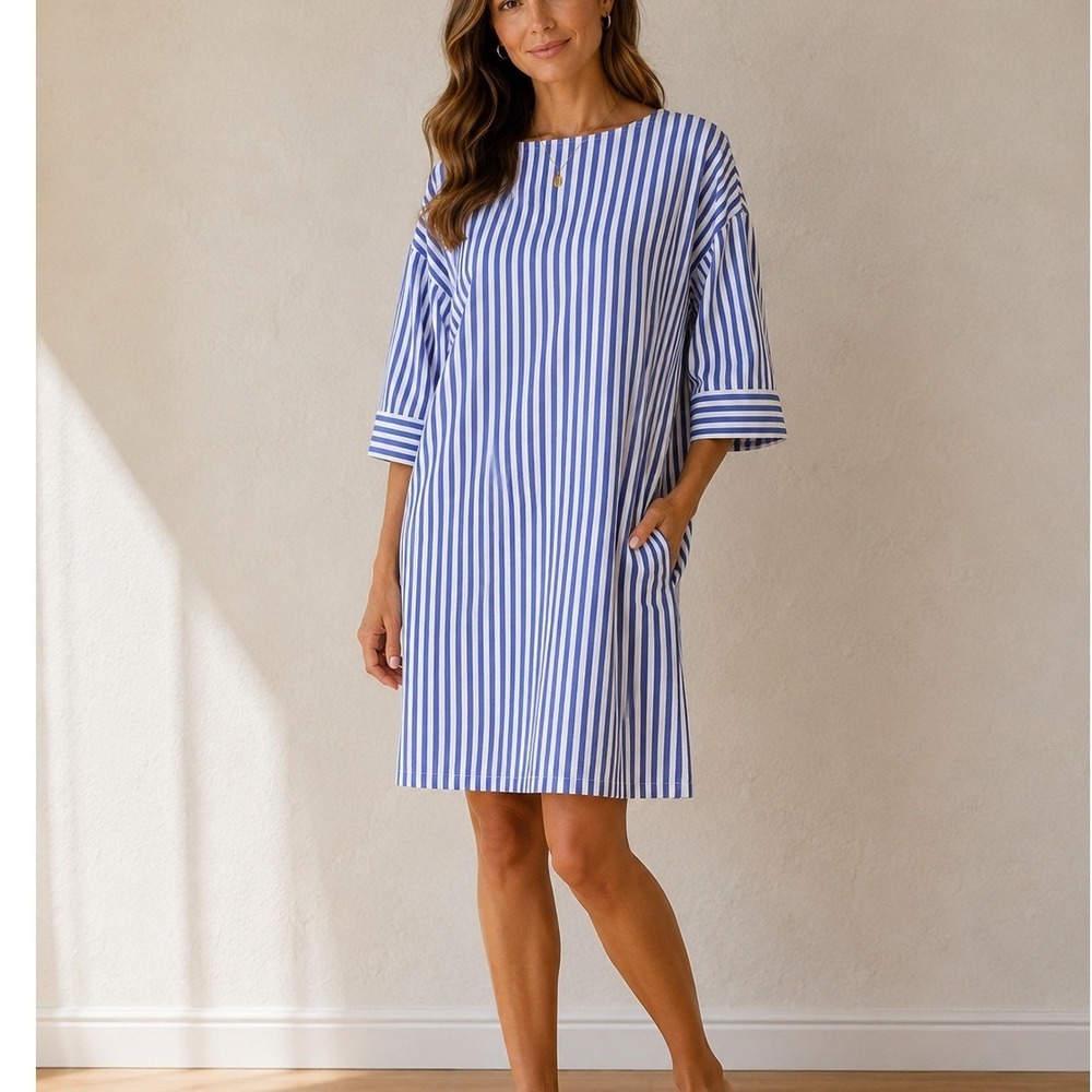 Duffield Lane Shift Dress Women L Blue White Excellent Striped Boat Neck Pockets